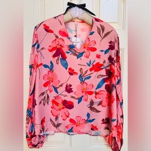 Pink Peach Floral Blouse size Large Balloon sleeve Date Night Valentine New